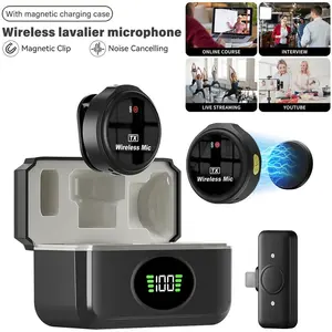 Wireless lavalier microphone for iPhone and Android, mini clip on laptop microphone with charging case, 3-level noise cancellation, 48H long battery, used for Vlog podcast live streaming, YouTube video recording