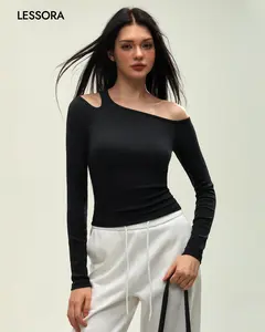 LESSORA Women's Casual Asymmetrical Off Shoulder Top Basic Chic Tee