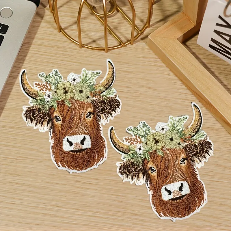 2pcs Highland Cow Iron-On Embroidered Patches - Pocket-Sized Sewing Accessory, Fabric Applique, Heat Transfer Embroidered Sticker Applique, Pocket-Sized Applique