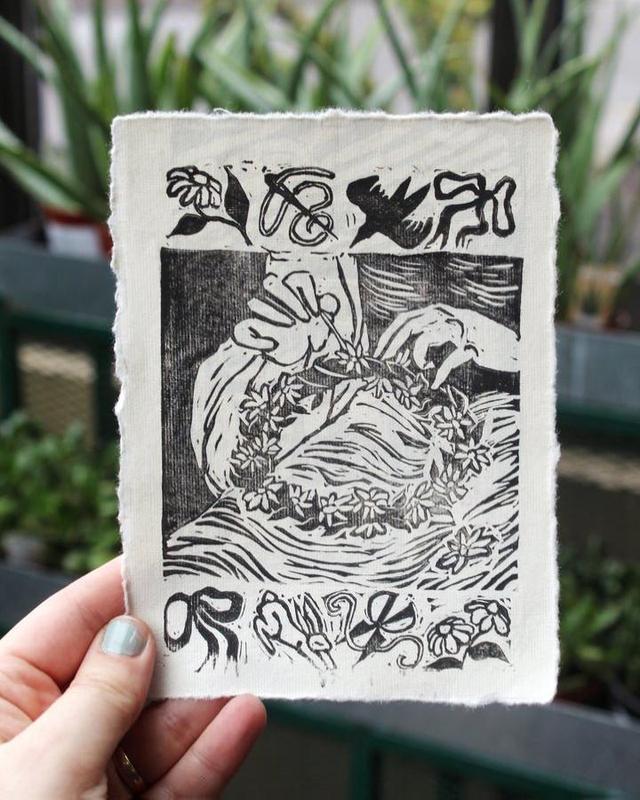 Flower Crown Handmade Linocut Block Print 5x7 Inches - Delicate Linen Paper Artwork with Wildflower Daisy Chain Sewing Girly Bows Perfect for Soft Wall Decor or Gifting