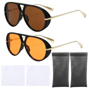 2 PCS Retro Gold Aviator Sunglasses for Women Men, 2026 Metal Oversized 70s Aviators Black Vacation Beach Sun Glasses