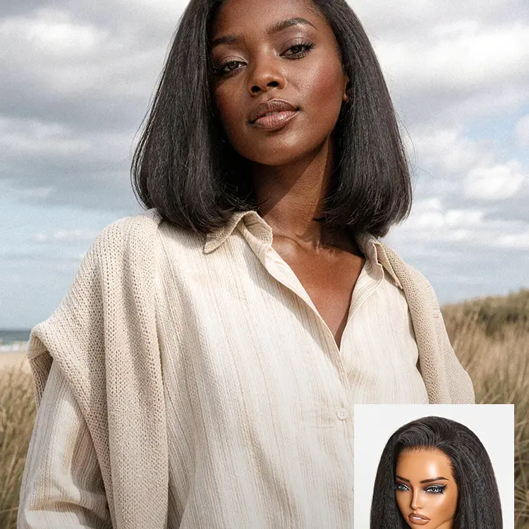 LUVME Half Wig Kinky Straight Bob 3-In-1 180% Density  Glueless Flexi-Fit Drawstring Wig