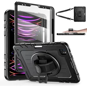 iPad Pro 11 inch Case 4th/3rd/2nd/1st Gen 2022/2021/2020/2018, Heavy-Duty Rotating Stand Protective Cover + Pencil Holder, with Hand Strap/ Straps Case for iPad Pro 11-inch, Black