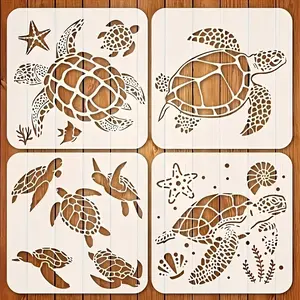 Turtle Template Set, 4-Piece Reusable Painting Templates, Includes Starfish, Coral, Shell, Turtle Designs, Art Projects, Fabric, Canvas, Wood Wall Decor, Art Painting Supplies
