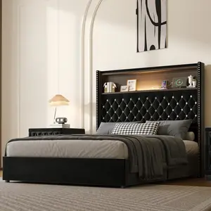 Full/Queen Size Upholstered Platform Bed with Bookcase Headboard, USB Port and LED Light, Velvet Tufted Soft Bed Frame with 52'' High Headboard with Rivet Decoration, Headboard with Storage Shelf, No Box Spring Needed