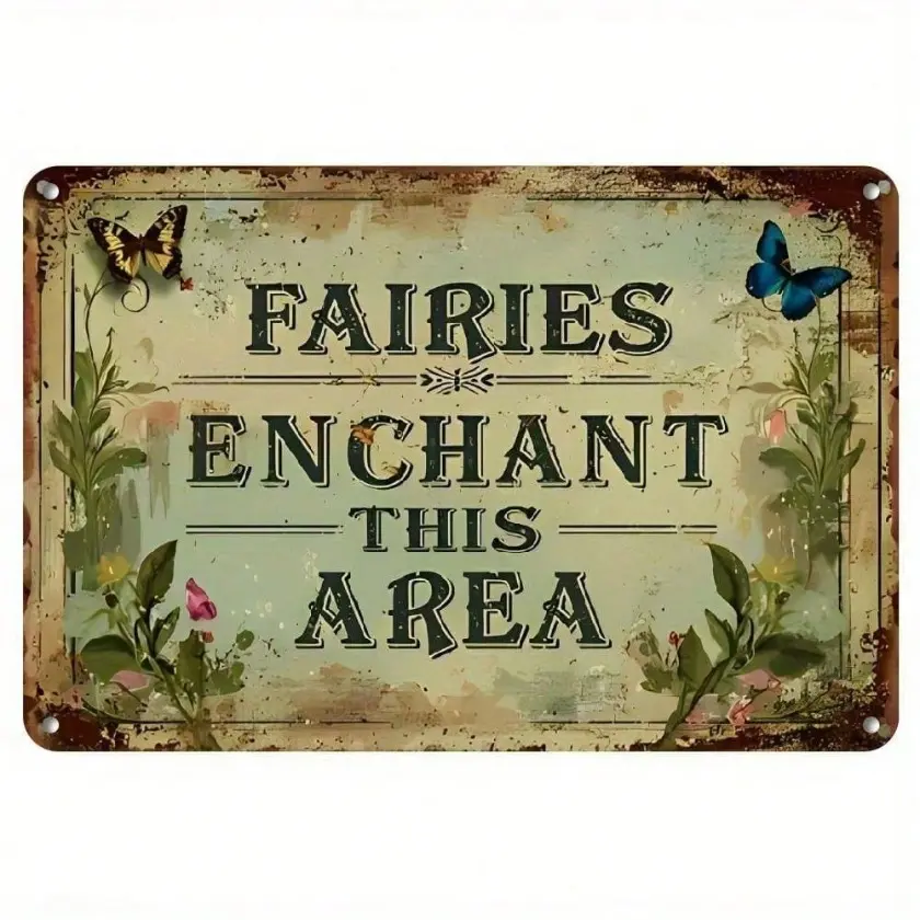 Vintage Aluminum Fairy Wall Art Decorative Sign Rustic Design Outdoor Garden Patio Decor Whimsical Fantasy Metal Decor Enchanted Aluminum Art 8x12 Inch