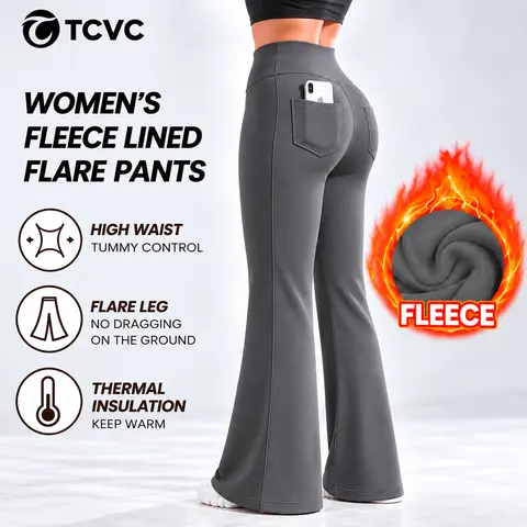 TCVC Women's Fleece-Lined Flare Leggings witn Pockets, 1 Pair High-Waisted Thermal Bell Bottom Pants for Fall & Winter