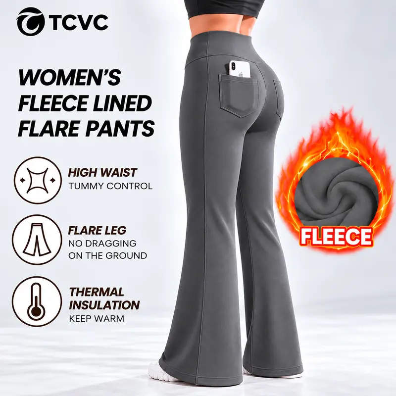 TCVC Women's Fleece-Lined Flare Leggings witn Pockets, 1 Pair High-Waisted Thermal Bell Bottom Pants for Fall & Winter