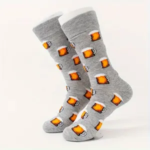 Pair of New Autumn and Winter Gray Beer Mug Men'S Fashion Cotton Socks Mid-Calf Socks