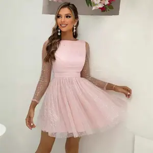 Joyfunear Glitter Mesh Square Neck Open Back Long Sleeve Mini Dress
