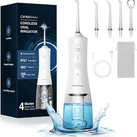 Cordless Battery-Powered Water Dental Flosser - Plastic Rechargeable Portable Oral Irrigator with USB Port, 200/300ML, IPX7 Waterproof, 360° Rotating Tips, 360° Tongue Cleaner, 4 Pulse Modes, 300g Home/Business Oral Plaque Remover for Gum Health Selfcare