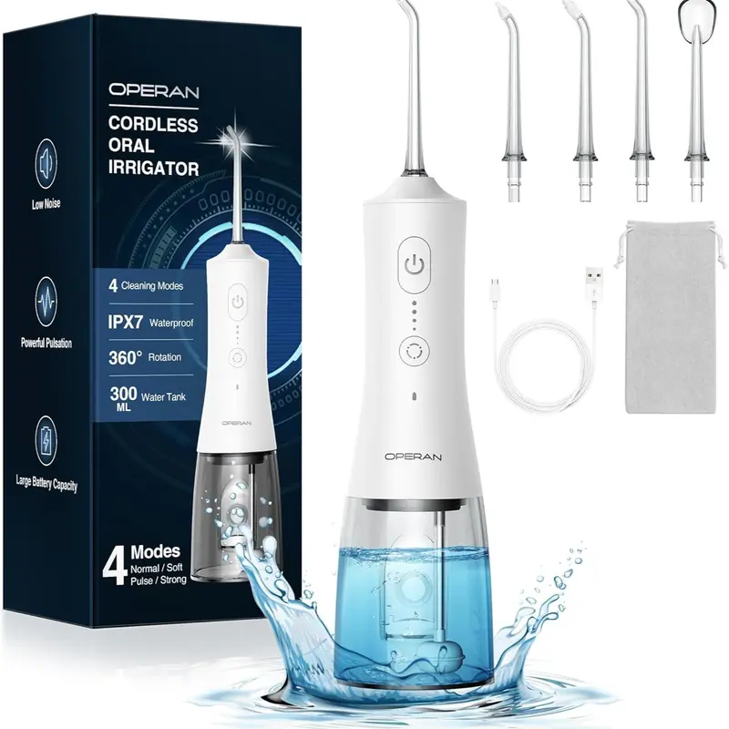 Cordless Battery-Powered Water Dental Flosser - Plastic Rechargeable Portable Oral Irrigator with USB Port, 200/300ML, IPX7 Waterproof, 360° Rotating Tips, 360° Tongue Cleaner, 4 Pulse Modes, 300g Home/Business Oral Plaque Remover for Gum Health Selfcare