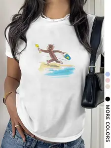 Women's Cartoon Monkey Print Round Neck Tee, Casual Short Sleeve Crew Neck T-shirt for Summer, Fashion Women's Top for Daily Wear