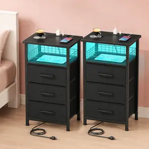 【Summervibes】Night Stand Bedside Charger Bedroom - Nightstand with Charging Station & LED Light Strip, Night Stand with Storage Shelf & 3 Fabric Drawers, Morden End Table with U-S-B Ports & AC Outlets