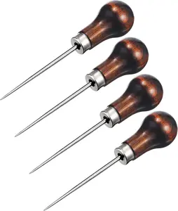 4 Pack Awl Tool Gourd Shape Wooden Handle Scratch Awl Tool Pin Punching for Leather Craft Cloth Pouch Hole DIY Handmade Maker Tool