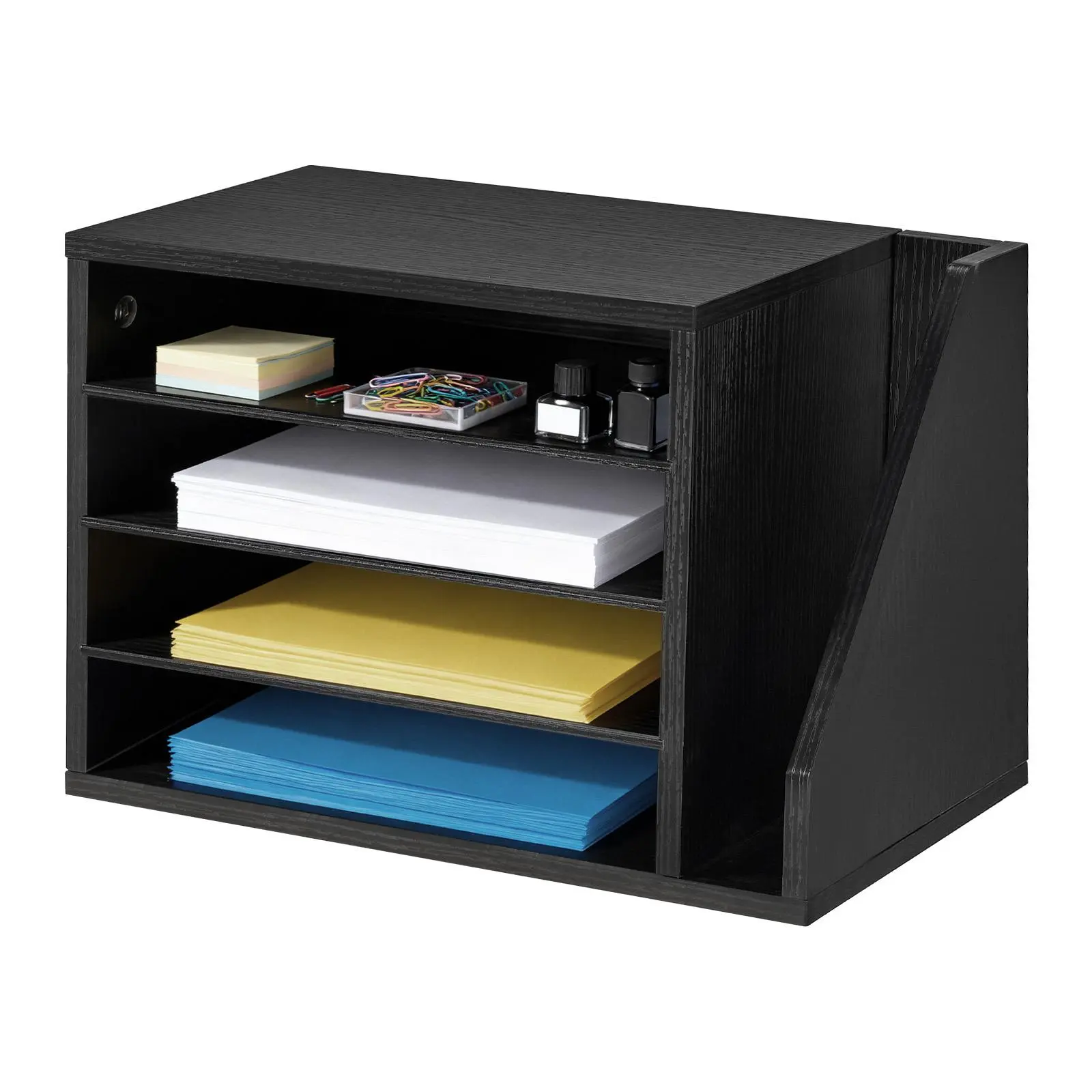 【Summerfinds】VEVOR MDF Wooden 4-Compartment Literature Organizer, Space Saving Furniture with Detachable Shelves, Built-in Side Vertical Storage, Black Desk Accessory for Classrooms, Office