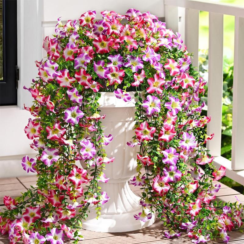 Outdoor simulation violet flowers, 2/4-piece set of UV-resistant fake hanging plants, silk long hanging vines for spring outdoor potted plants, porch and garden decor, suitable for Mother's Day, Thanksgiving, Christmas, wedding decorations and more.