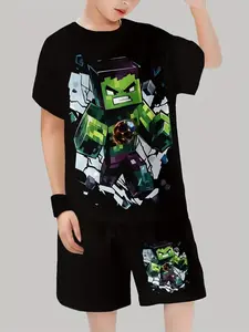 Round Neck Short Sleeve Shorts Set, Hulk Muscle Lines & Angry God Expression Pixelated Superhero Mix Style