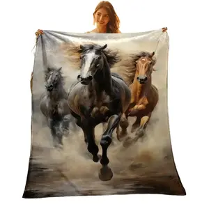 Running Horse Print Queen Size Blanket Ultra Soft Plush Flannel Blanket for Couch Bed Office All Season Cozy Throw Great Gift