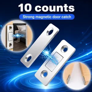 10PCS No-Drill Magnetic Cabinet Latches, for Home Cabinet Drawer Wardrobe, Self-Adhesive Furniture Hardware, 3-Step Quick Install Tool-Free Tight Closing Magnetic Catch
