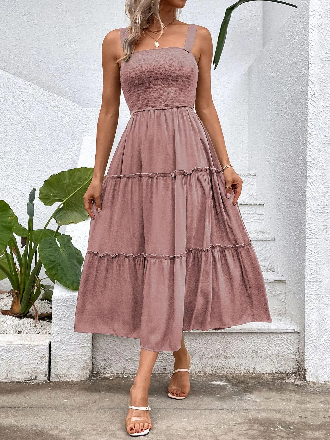 Women's Frill Trim Ruffle Hem Shirred Backless Fitted Sundress Cami Dress, Sleeveless A Line Long Dress, Women's Frill Trim Ruffle Hem Shirred Backless Fitted Sundress Cami Dress, Sleeveless A Line Long Dress,