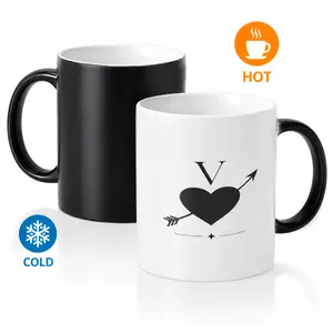11oz Black Ceramic Coffee Cup - Stylish, Reusable, Washable Magic Heat Color Changing Drinkware with Personalized Initial V Heart Design