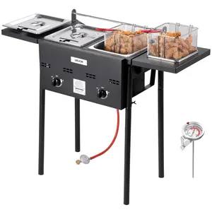 VEVOR Outdoor Propane Deep Fryer, TikTokShopBlackFriday, Dual-Tank 8QTx2 Commercial Fryer, Stainless Steel Cooker with Foldable Platform, Dual Basket, and Heat Adjustment, Floor Standing Fryers for Restaurant Home Snack Bar