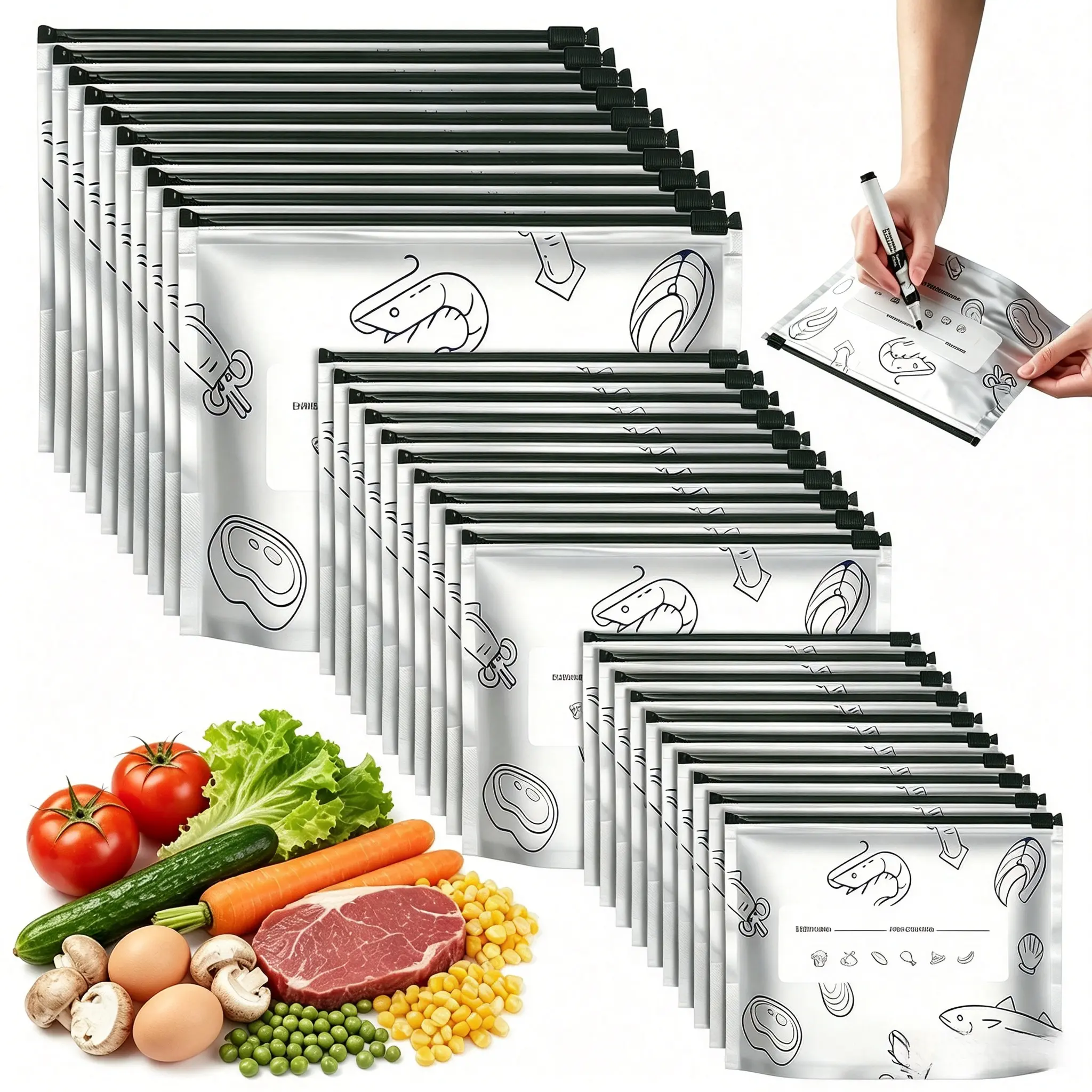 30 Pack Aluminum Foil Food Storage Bags, 3 Sizes Reusable Zip Lock Freezer Pouches With Writable Label Zone, Airtight Moisture-Proof Seal Bags for Meat Fruit Vegetable Preservation
