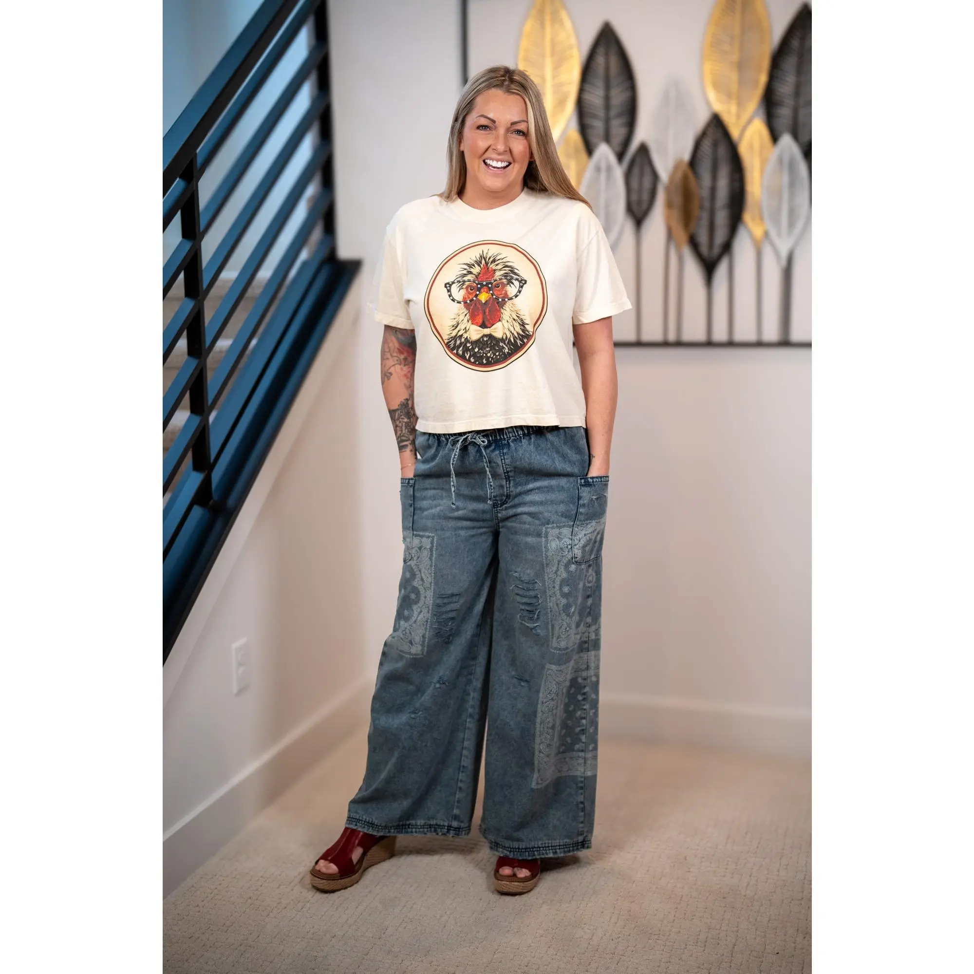 Easel Bandana Patchwork Wide Leg Denim Pants