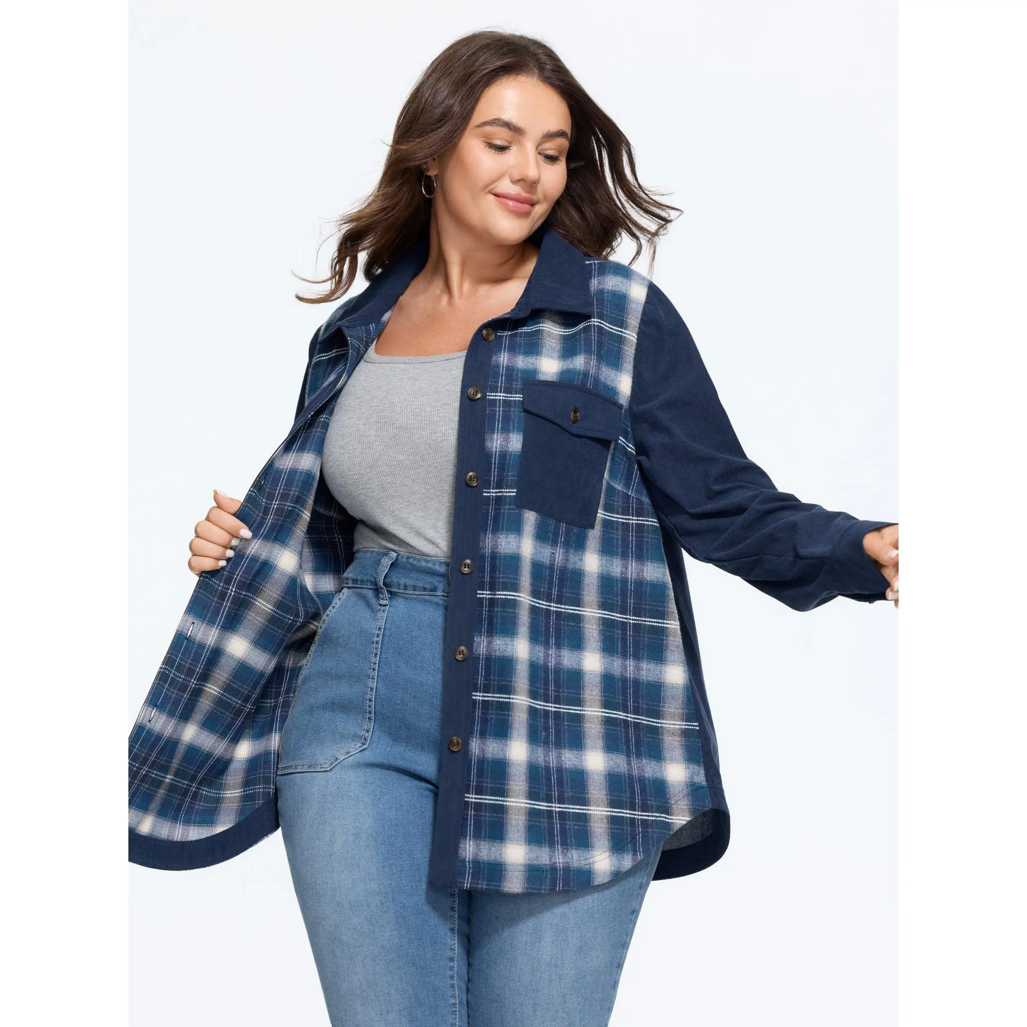 BloomChic Plus sizePlaid Corduroy Patchwork Button Down Jacket[M-6X]Back To School,Fall Pick, Spotlight Day,SohoChic