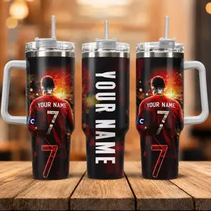 [Custom Name & Number] Personalized CR7 Portugal Soccer Tumbler 20oz 40oz With Handle, Number 7 Inspired Sports Travel Mug, Stainless Steel Insulated Drinkware, Match Day Gift For Fans