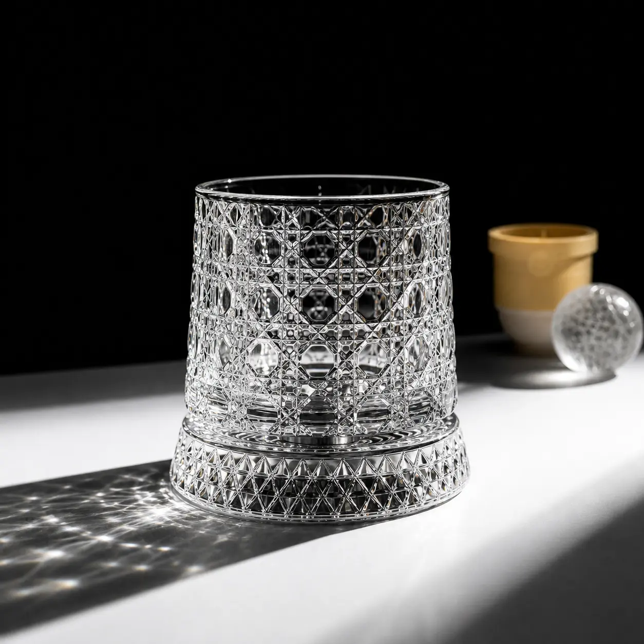 Spinning Crystal Whiskey Glass - 600g Heavy-Base Drinkware, Elegant Textured Embossed Crystal-Clear Cup with Ice Sphere Mold, 0-500ml Capacity for Bourbon/Scotch Home Bar & Everyday Use