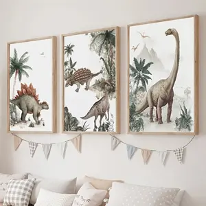 3 Pieces Dinosaur World Adventure Art Prints, Kids Room Wall Mural, Ancient Exploration Home Art, Kids Gallery Decor, Bright Tone Painting, Wall Decor for Kids Room and Playroom, Framed or Unframed.