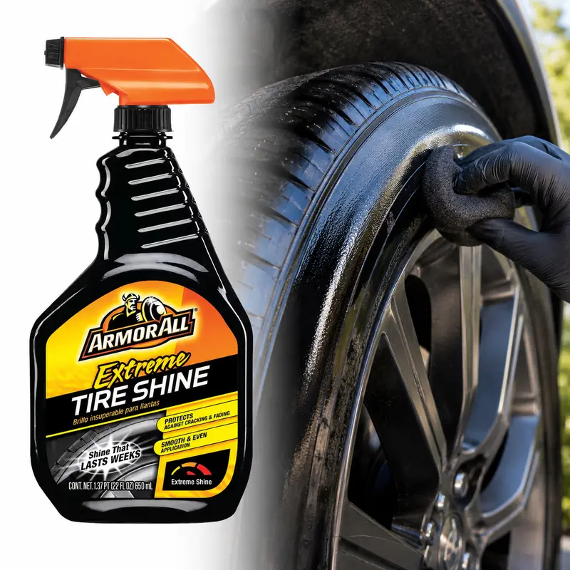 Armor All Extreme Tire Shine Spray 22 fl oz,shine-shield,mirror-like gloss,rich black finish,gloss enhancers,conditions,nourishes,long-lasting,crack protection,fade protection,precision applicator,no overspray,single-step,no wiping,tire sidewalls,car show