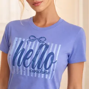 Hello Sunshine script with bow T-shirt | blue striped summer design