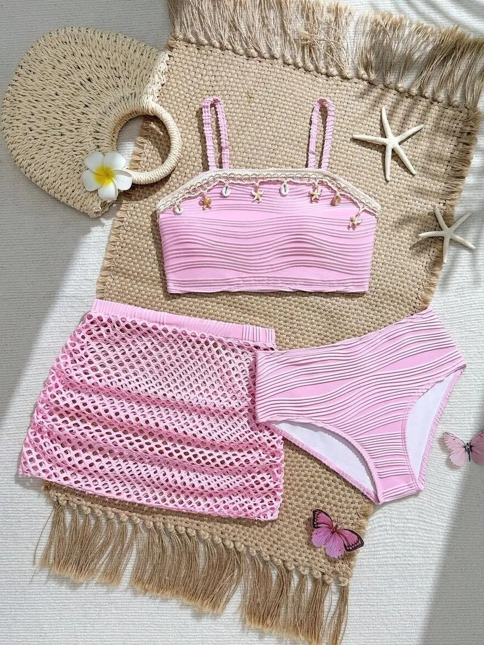 Tween Girl 3-Piece Bikini Set, Shell Decor Strapless Top & High-Waisted Mesh Skirt Swimwear