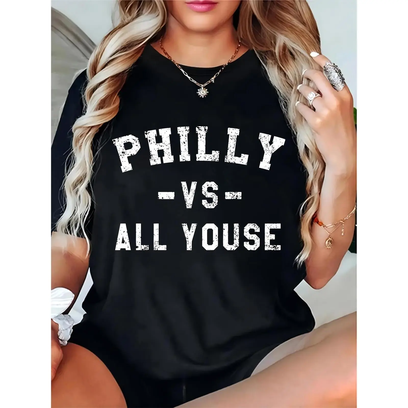 Women’s Vintage Distressed “PHILLY -VS- ALL YOUSE” Graphic T-Shirt, Casual Philly Sports Fan Streetwear for Game Days, Daily Outings & Street Style, Basic, Fit, Simple, Feminine, Comfortable, Tshirt, Prints, Ladies, Essential, Tops, Shortsleeve, Tee, Brea