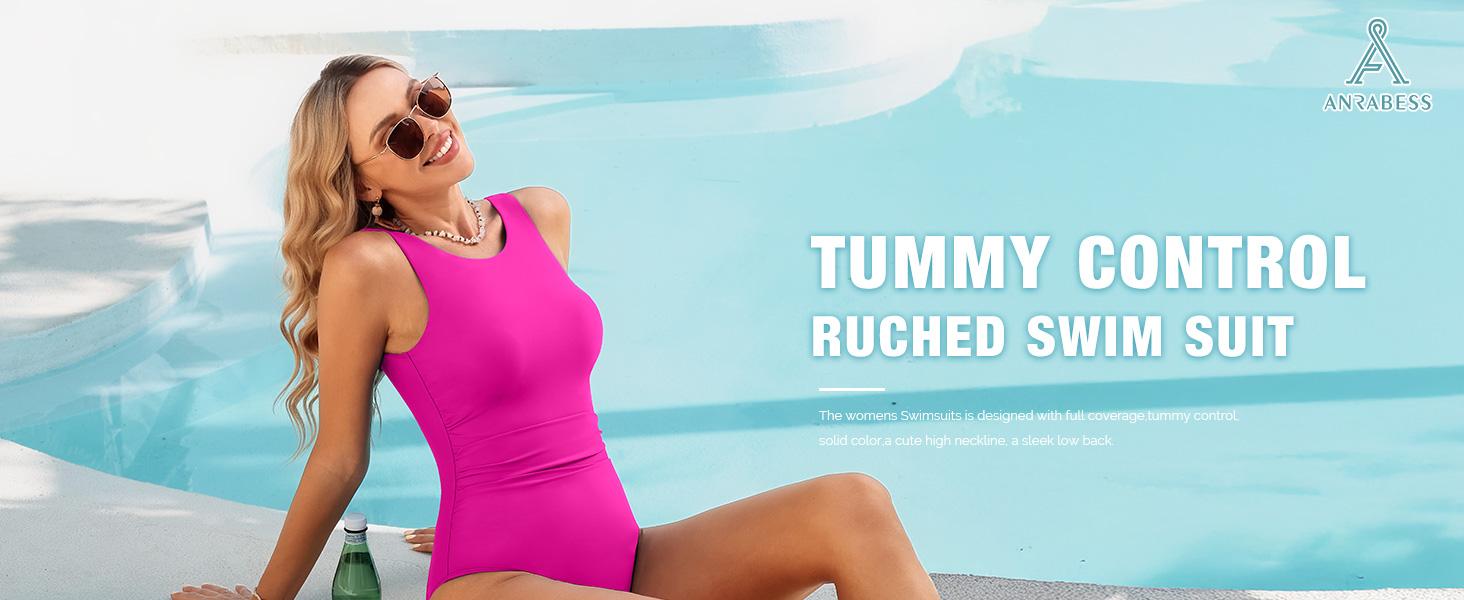ANRABESS Women Swimsuits One Piece Tummy Control Full Coverage Backless Bathing Suit Ruched Swim Suit Beach Vacation Swimwear