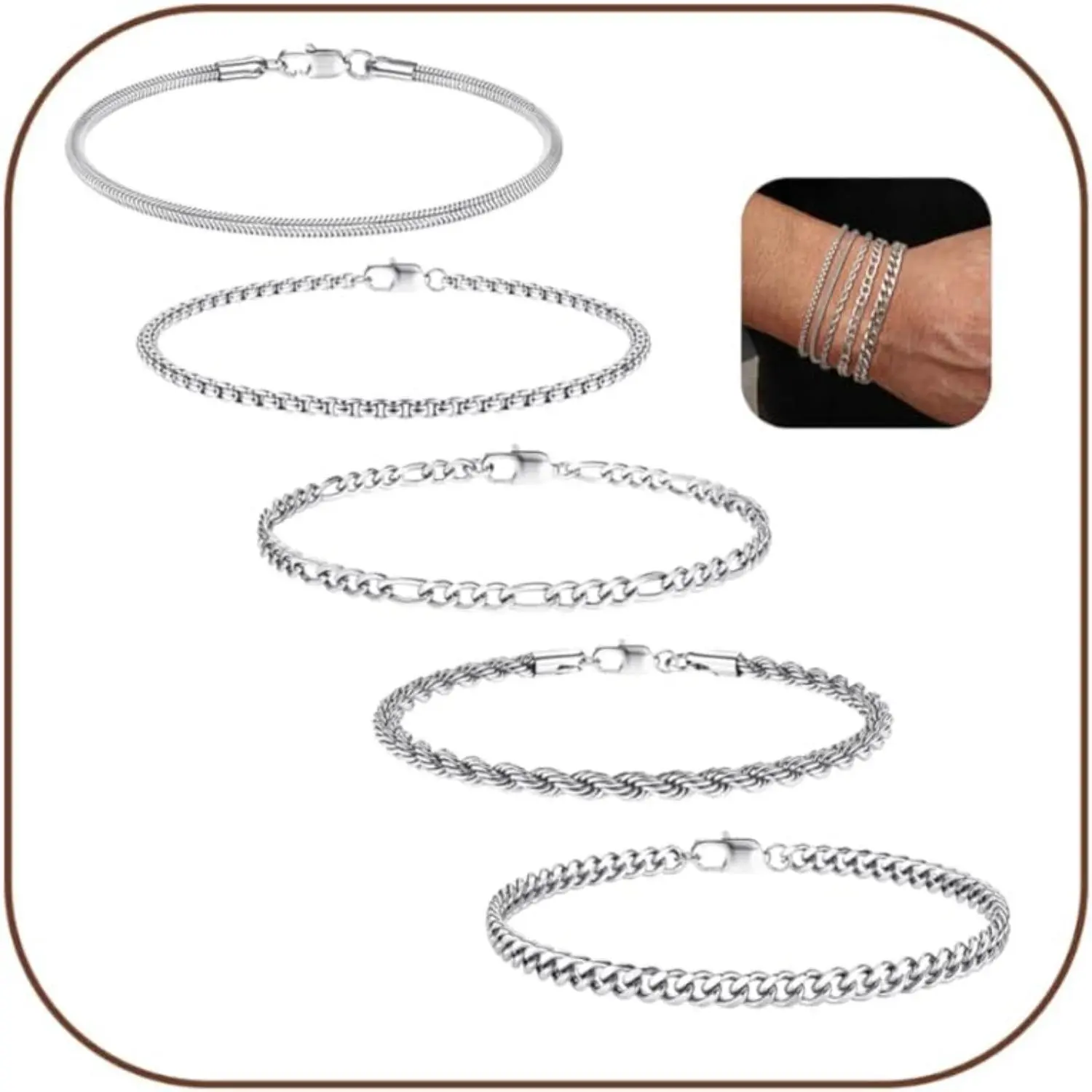 CASSIECA Men's 5Pcs Stainless Steel Bracelet Set - Cuban Link, Rope, Figaro Link Chain Bracelets - Men's Accessories, Cool Gifts for Guys, Daily Fashion Jewelry
