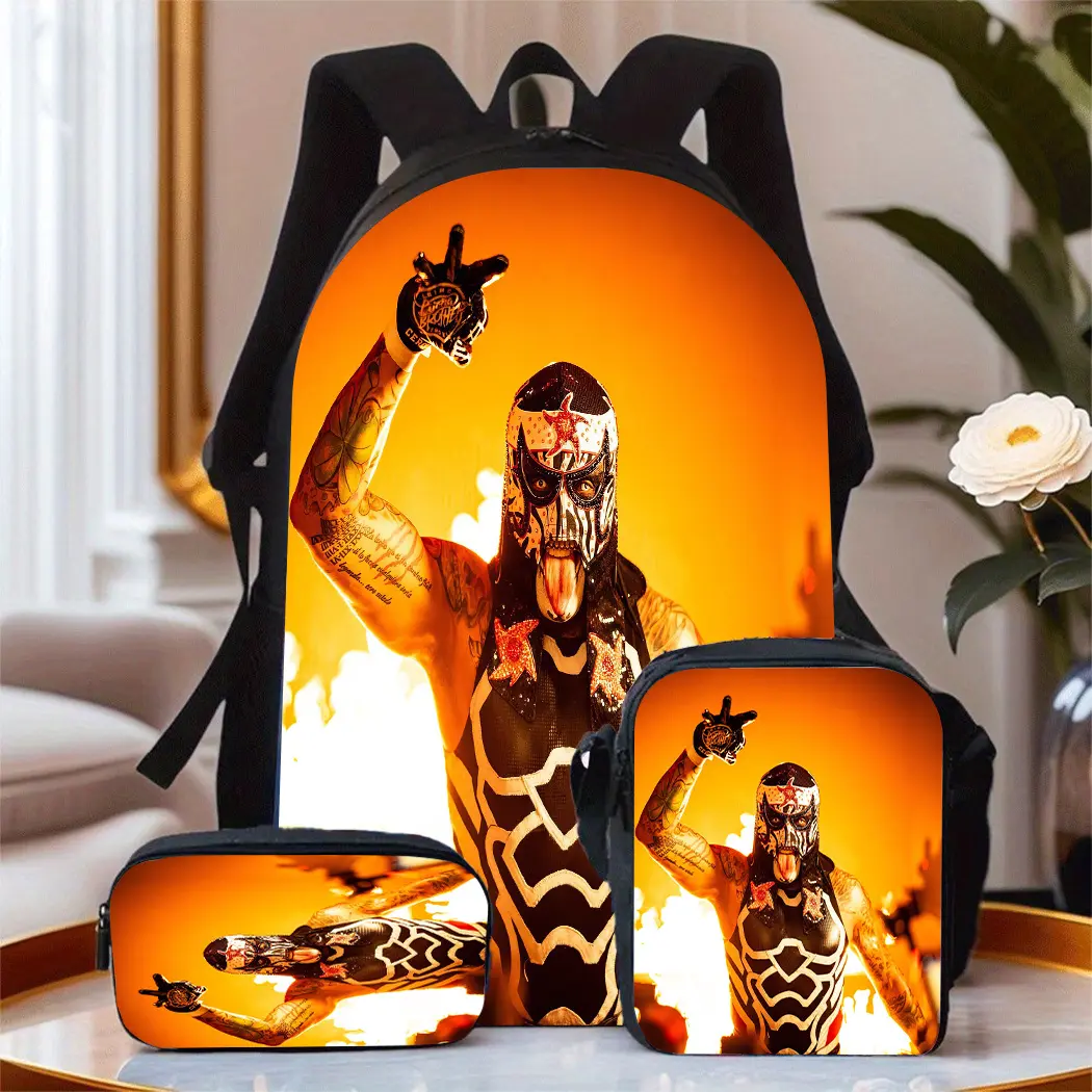 Kids' 3-Pcs Lucha Libre Wrestler Print Large Capacity Synthetic Backpack Set - 600D Polyester Oxford Cloth, 15in Laptop Fit, Lightweight, Adjustable Breathable Shoulder Strap, Zip Closure, Top Handle, Insulated Lunch Bag, Pencil Case (Back to School)
