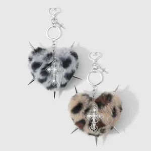 1 piece Y2K retro, unique, stylish, sweet‑cool multicolor leopard plush heart charm with studs, rhinestones, cutout design, cross decoration DIY keychain/bag pendant suitable for girls’ everyday wear and as a holiday gift