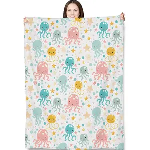 Cute Octopus Throw Blanket for Adults Kids, Sea Animal and Starfish Theme Flannel Blankets for Bedroom, Couch, Travel, Home Decor, Fuzzy Soft Cozy Warm Gifts