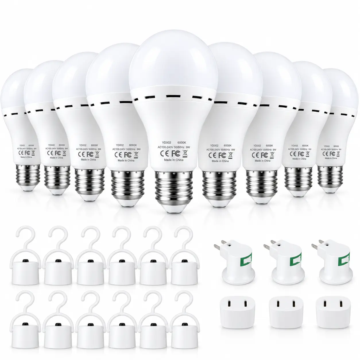 12 Packs Rechargeable Emergency LED Light Bulb - E27 Plug-in Fit, 120V, 9W Max Power, 60W Equivalent, 6000K Daylight, 1200mAh Battery, Hook, Energy Saving, Multiple Brightness, 1W 110lm Low Mode, 2.5W, for Home Power Outage Safety Tools