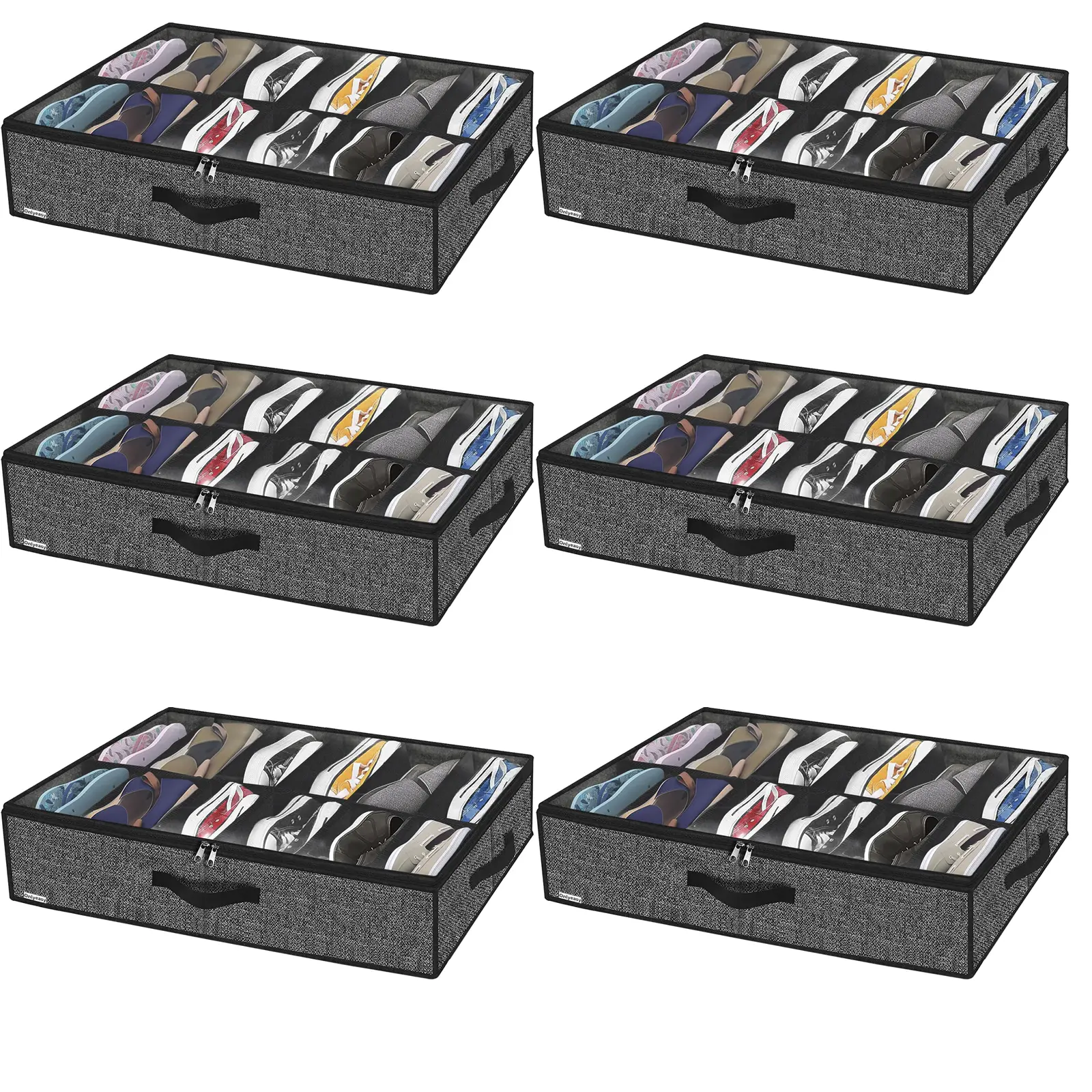 6 Pack Under Bed Storage Shoe Organizer for Wardrobe Under Bed Solution Shoe Container Bags with Sturdy Sidewalls and Reinforced Handles Breathable Linen-like Black