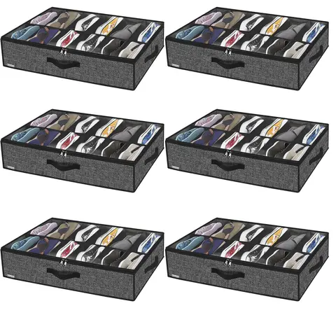 6 Pack Under Bed Storage Shoe Organizer for Wardrobe Under Bed Solution Shoe Container Bags with Sturdy Sidewalls and Reinforced Handles Breathable Linen-like Black