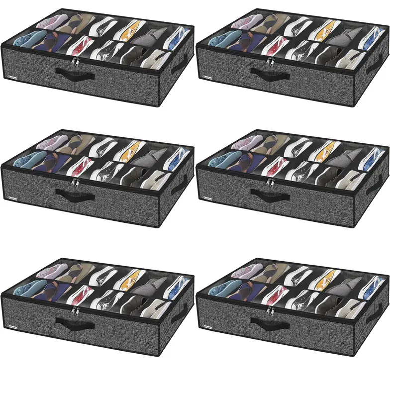 6 Pack Under Bed Storage Shoe Organizer for Wardrobe Under Bed Solution Shoe Container Bags with Sturdy Sidewalls and Reinforced Handles Breathable Linen-like Black