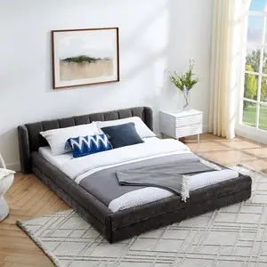 Queen Size Upholstered Bed Frame with Wingback Headboard, Chenille Fabric Grounded Platform Bed, Floor-Bed with Slats Support,Dark Grey