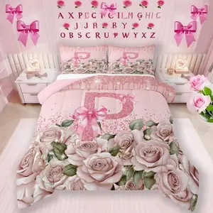 Feelyou Personalized Monogram Bedding Set - Initial Letter P, Princess Ribbon Bowknot Design, Floral Comforter for Girls