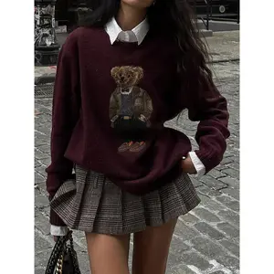New2025Women`s bear round neck sweater knitwear tops,fashion causal  crew neck jumper for spring&fall,going out outfits Long Sleeve Womenswear Style Fabric Knitting