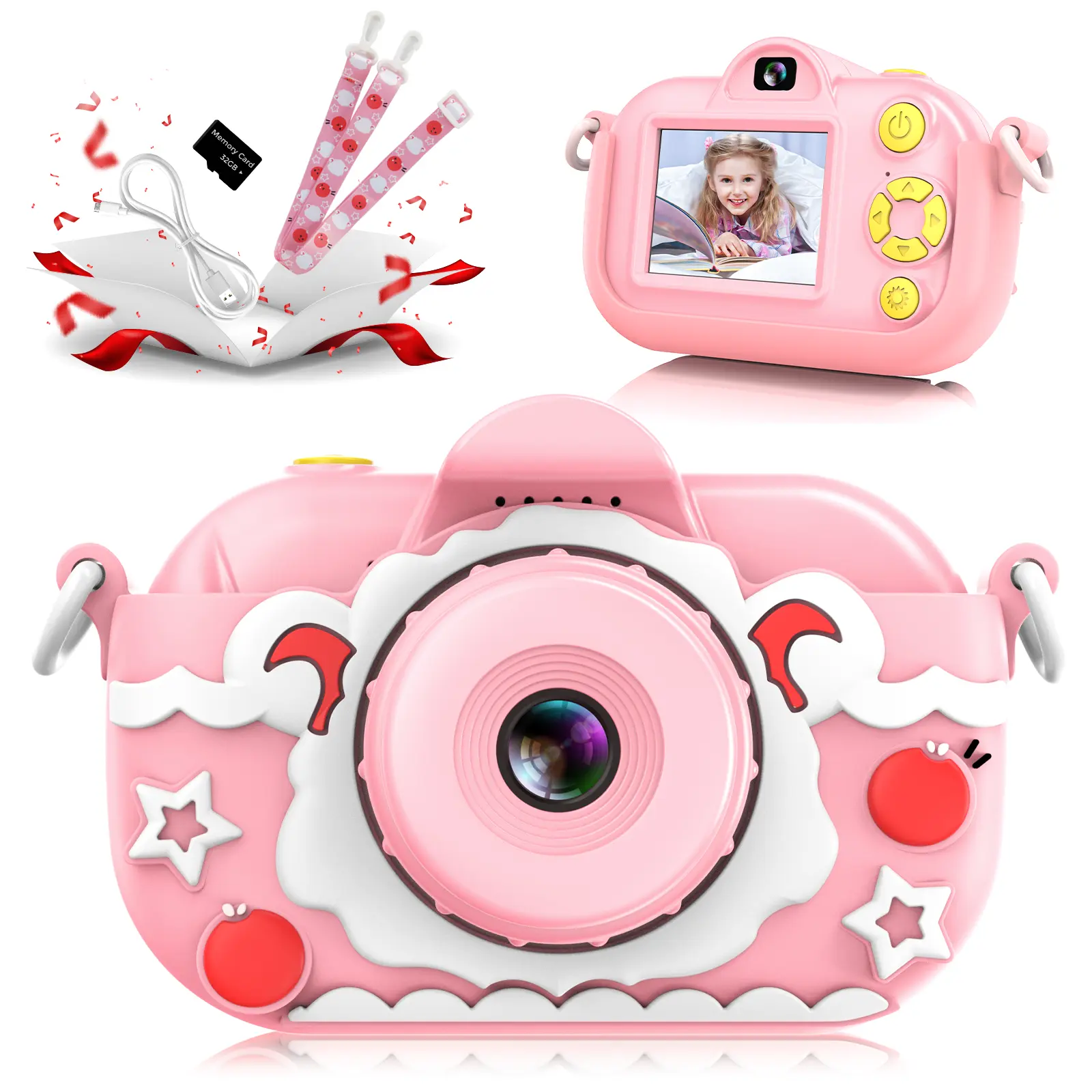 1080P HD Teenager Camera 32 Megapixel Photos Front & Rear Dual Lens Pink Cartoon Photo Frame 32GB SD Card Round Multifunction Birthday Gift summerwins